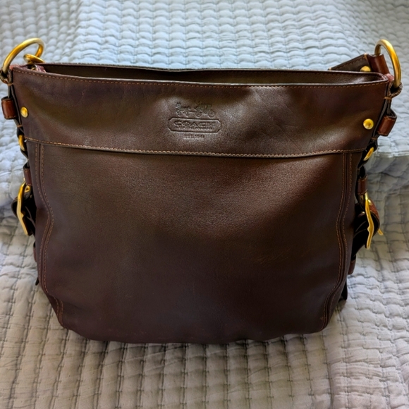 Coach Brown Leather Messenger Bag with Brass Accents